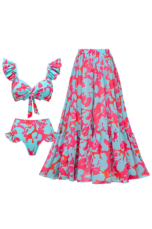 Maillot de bain imprimé bleu et fuchsia 3 pièces avec jupe pareo