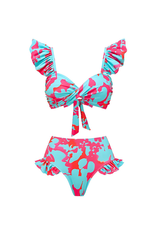 Maillot de bain imprimé bleu et fuchsia 3 pièces avec jupe pareo