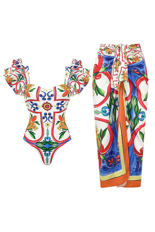 Maillot de bain 2 pièces imprimé floral vintage orange et bleu avec paréo