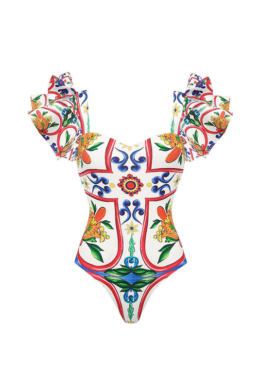 Maillot de bain 2 pièces imprimé floral vintage orange et bleu avec paréo