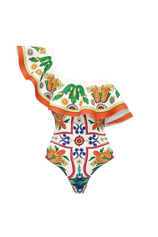 Maillot de bain deux pièces asymétrique imprimé orange et bleu avec robe paréo