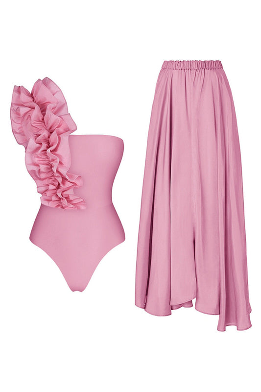 Pink One Shoulder Ruffled 2 Piece Swimwear with Cover Up