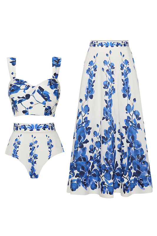 White Blue Floral 3 Piece Printed Floral Swimwear Set with Beach Dress