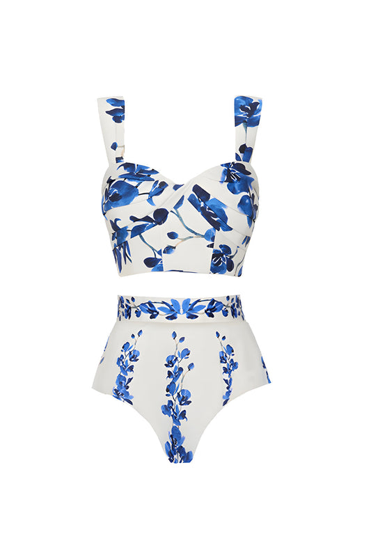 White Blue Floral 3 Piece Printed Floral Swimwear Set with Beach Dress