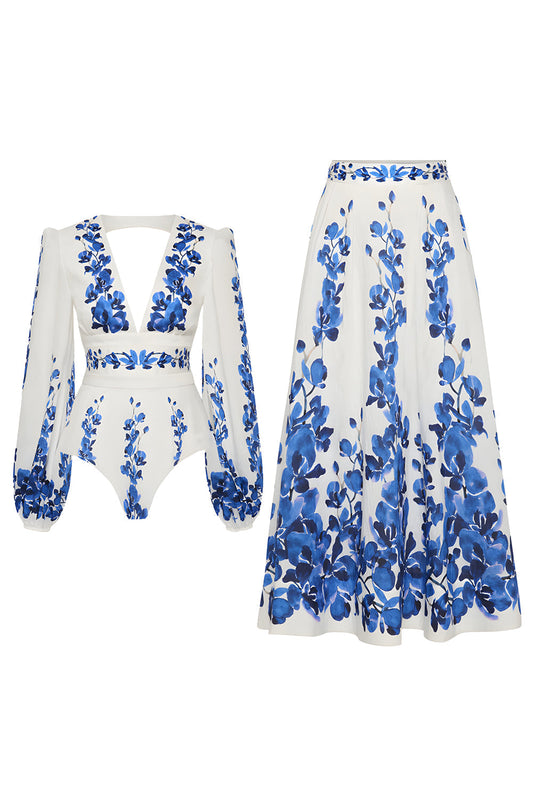 2-Piece White and Blue Floral Long-Sleeve Swimwear Set with Beach Dress