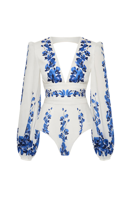 2-Piece White and Blue Floral Long-Sleeve Swimwear Set with Beach Dress