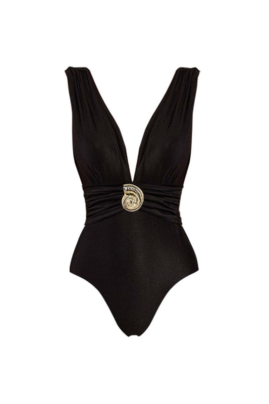Black Deep V Neck 2 Piece Tummy Control Swimsuit with Cover Up Skirt