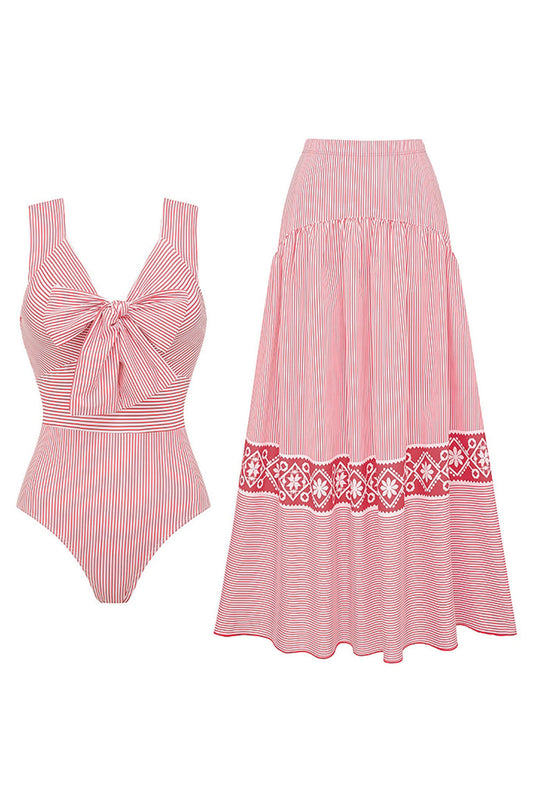 Red Striped Bowknot 2 Piece Swimwear Set with Beach Dress