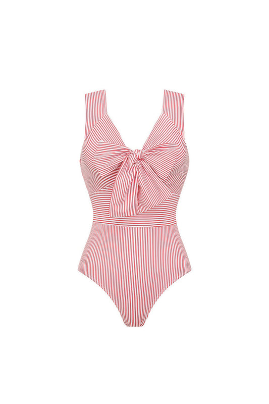 Red Striped Bowknot 2 Piece Swimwear Set with Beach Dress