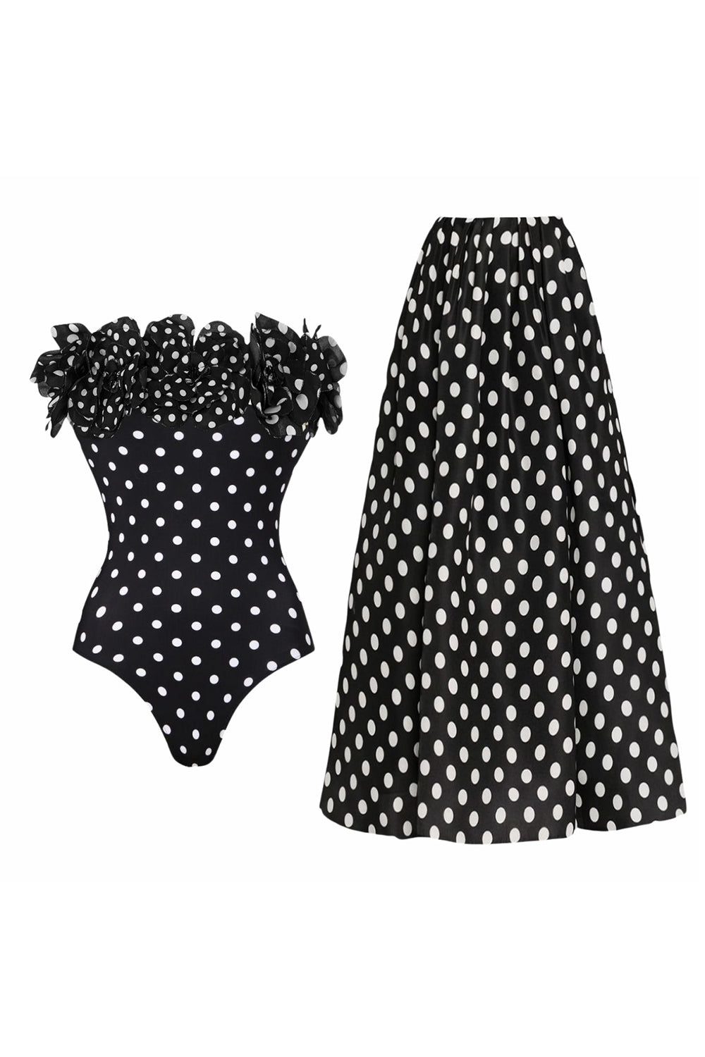 Maillot de bain 2 pièces bustier à volants pois noir et blanc avec jupe paréo