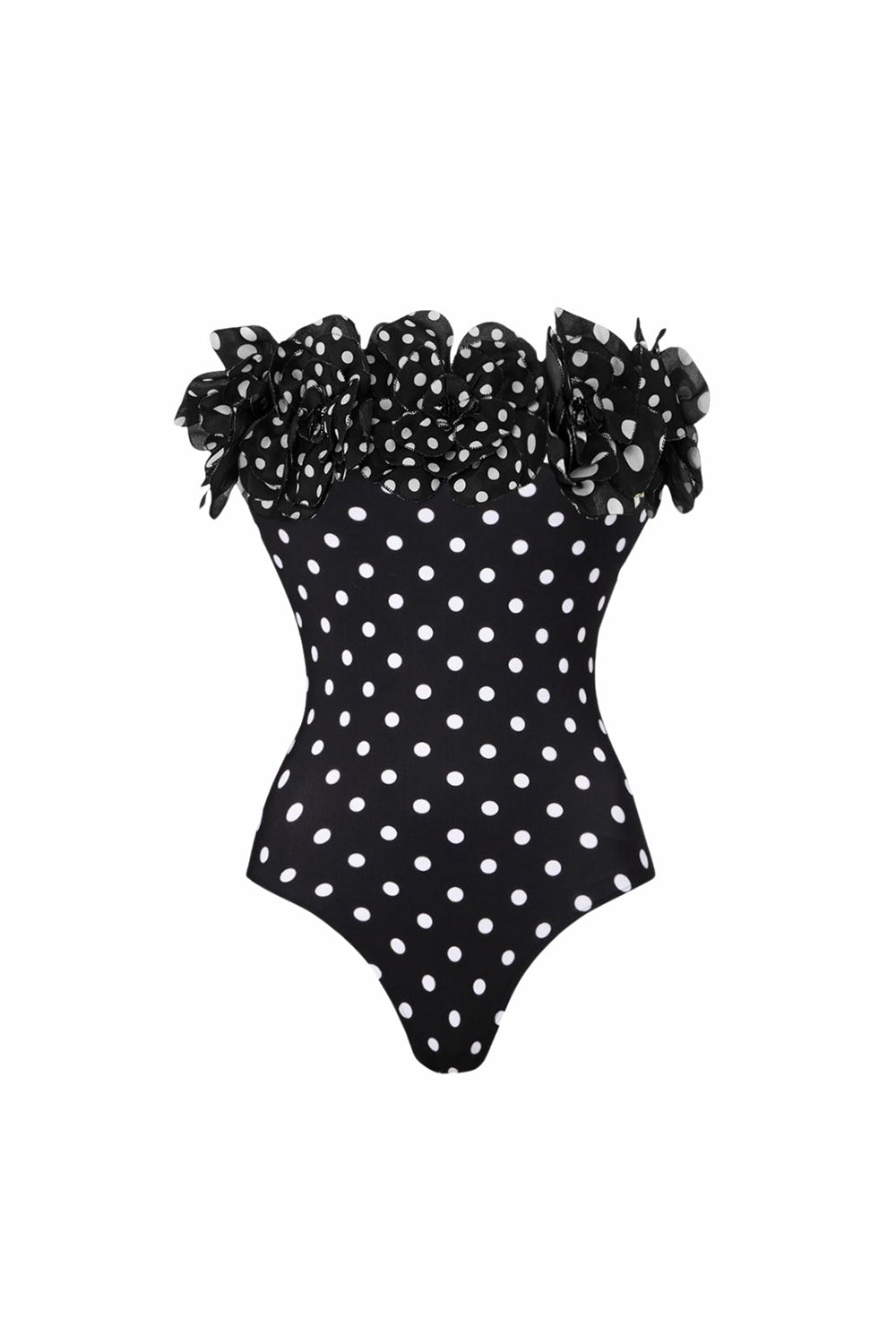 Maillot de bain 2 pièces bustier à volants pois noir et blanc avec jupe paréo
