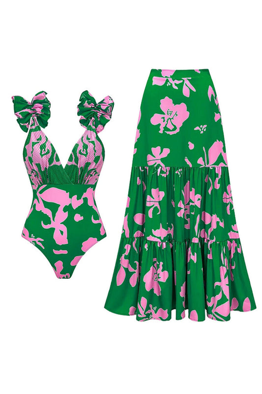 Maillot de bain imprimé floral vert foncé, 2 pièces, col en V, avec cache-maillot