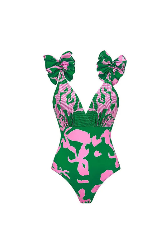 Maillot de bain imprimé floral vert foncé, 2 pièces, col en V, avec cache-maillot
