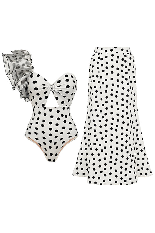 One-Shoulder White Black Dot Cut Out 2 Piece Swimsuit with Cover-Up