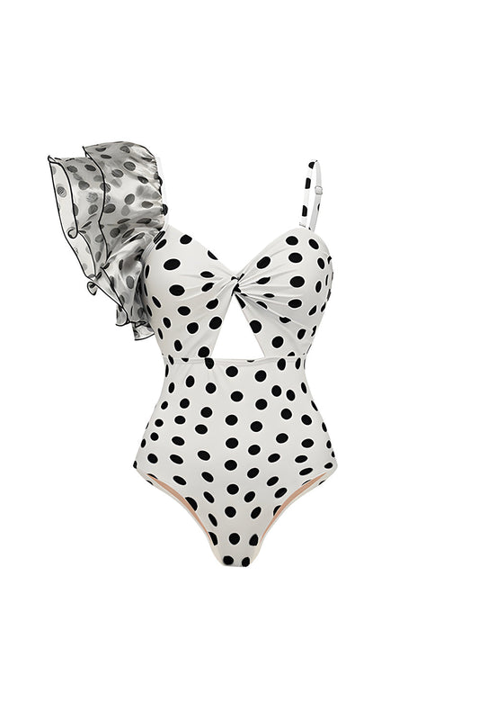 One-Shoulder White Black Dot Cut Out 2 Piece Swimsuit with Cover-Up