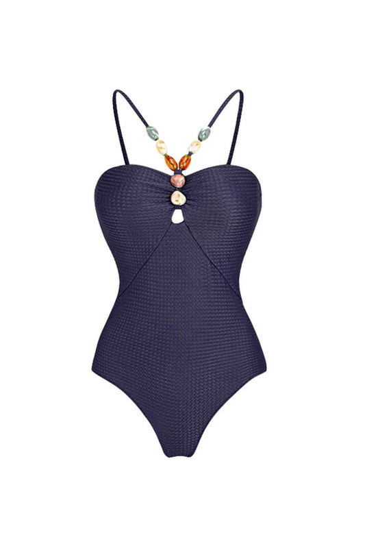 Navy Spaghetti Straps 2 Piece Beaded Swimsuit with Cover Up Dress