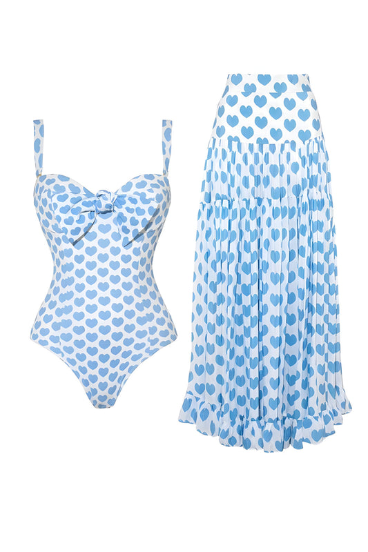 Blue Heart-Patterned 2-Piece Spaghetti Strap Swimsuit with Cover-Up