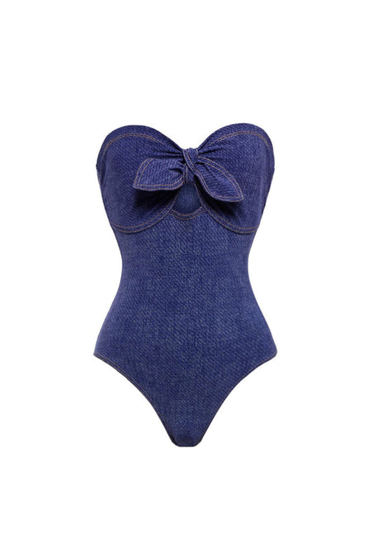 Sweetheart Navy Denim 2 Piece Swimsuit with Cover Up Skirt