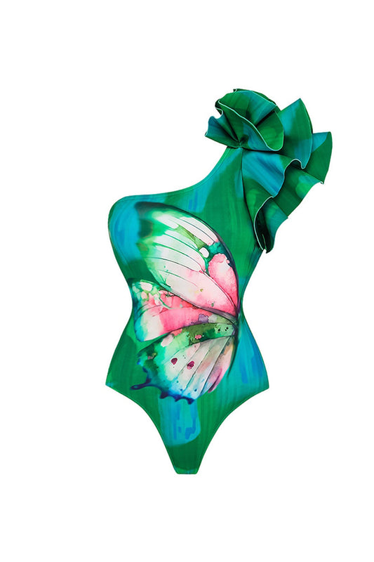 Maillot de bain vert foncé une épaule 2 pièces à volants avec paréo