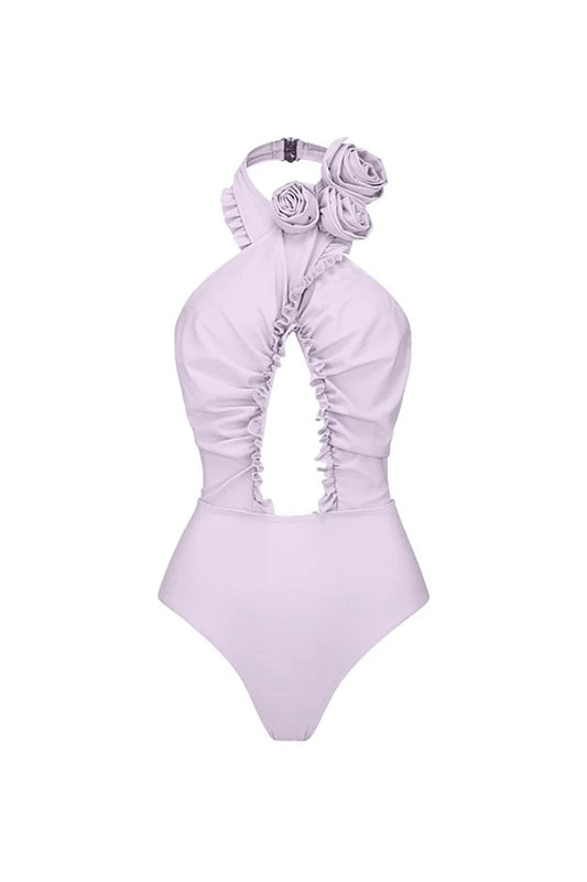 Maillot de bain lilas 2 pièces à fleurs 3D découpées avec robe par-dessus