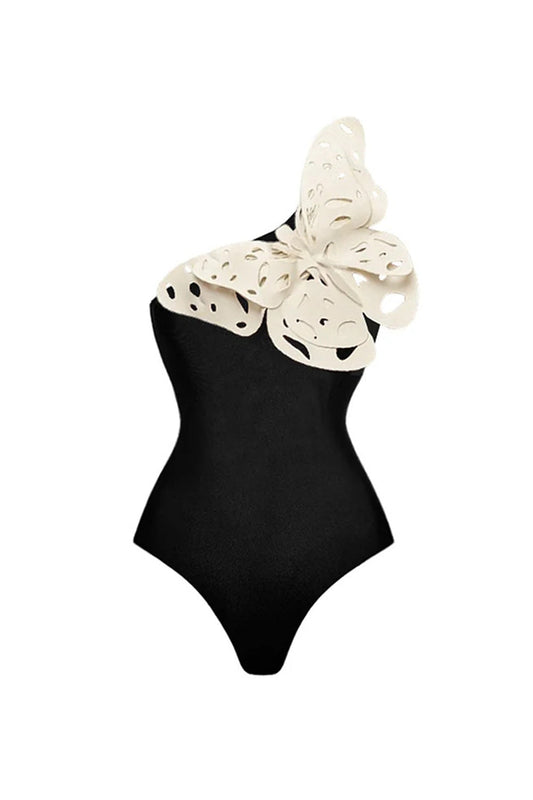 Black 2-Piece One-Shoulder Appliqued Butterfly Swimsuit with Beach Dress