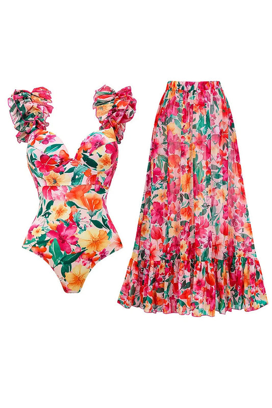 Red Flower 2-Piece Ruffled Swimsuit with Cover-Up