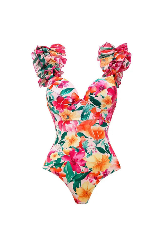 Red Flower 2-Piece Ruffled Swimsuit with Cover-Up
