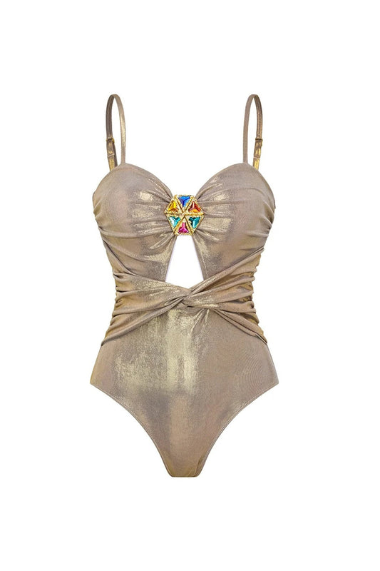 Metallic Golden 4 Piece Cut Out Swimwear Set with Cover Up