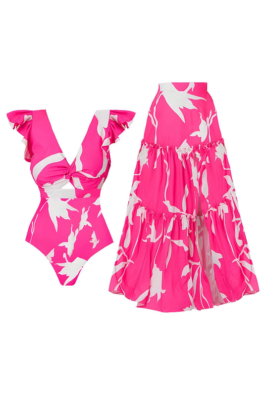 Fuchsia 2-Piece Printed V-Neck Swimsuit with Cover-Up