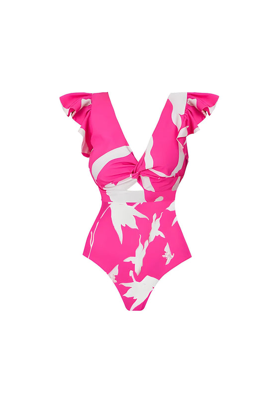 Fuchsia 2-Piece Printed V-Neck Swimsuit with Cover-Up