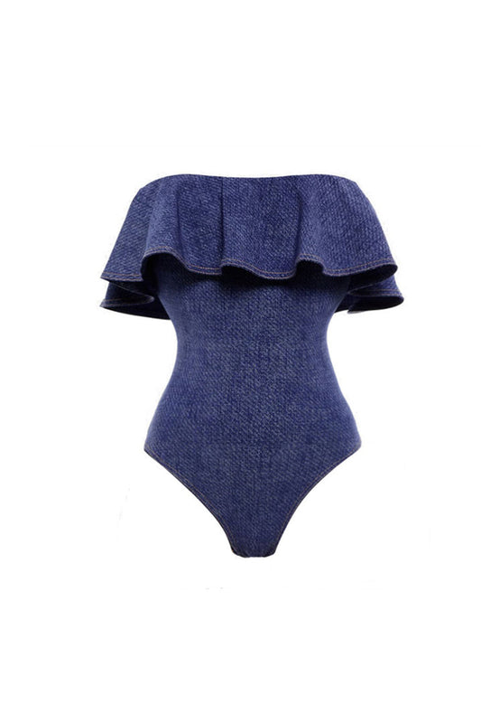 Navy Off The Shoulder 2 Piece Striped Swimsuit with Cover Up