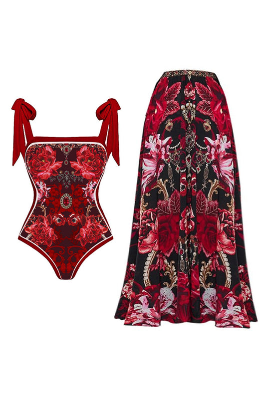 2-Piece Black and Red Floral Spaghetti Strap Swimsuit with Cover-Up