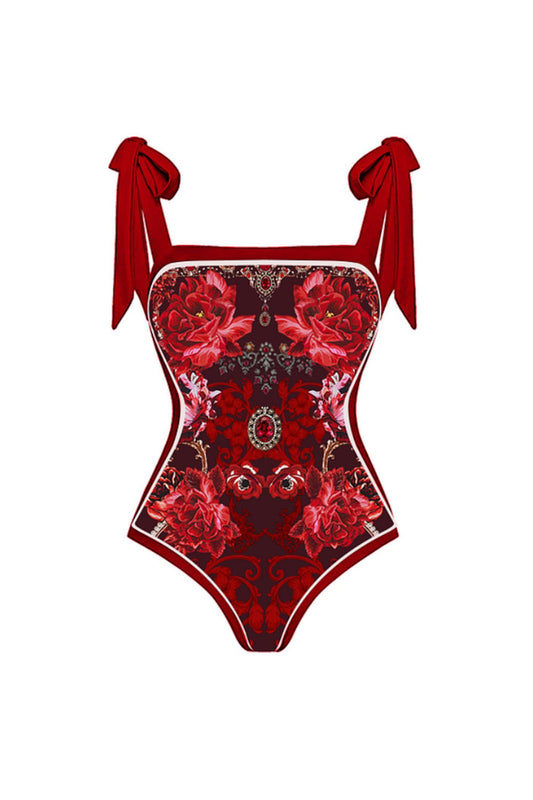 2-Piece Black and Red Floral Spaghetti Strap Swimsuit with Cover-Up