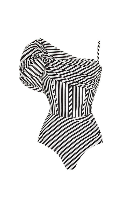 Black Striped 2-Piece Ruffled Swimsuit with Beach Dress