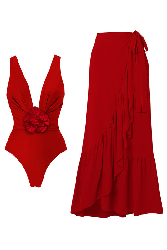 Red 2-Piece Ruffled V-Neck Swimsuit with Beach Dress