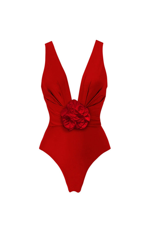 Red 2-Piece Ruffled V-Neck Swimsuit with Beach Dress
