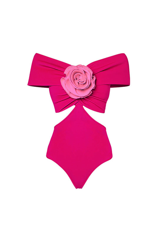 Fuchsia Off-The-Shoulder Two-Piece 3D Flower Swimsuit with Beach Dress