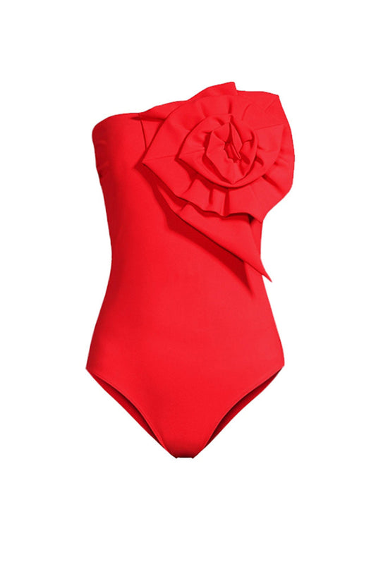 Red Strapless 2 Piece Ruched Swimsuit with Cover Up