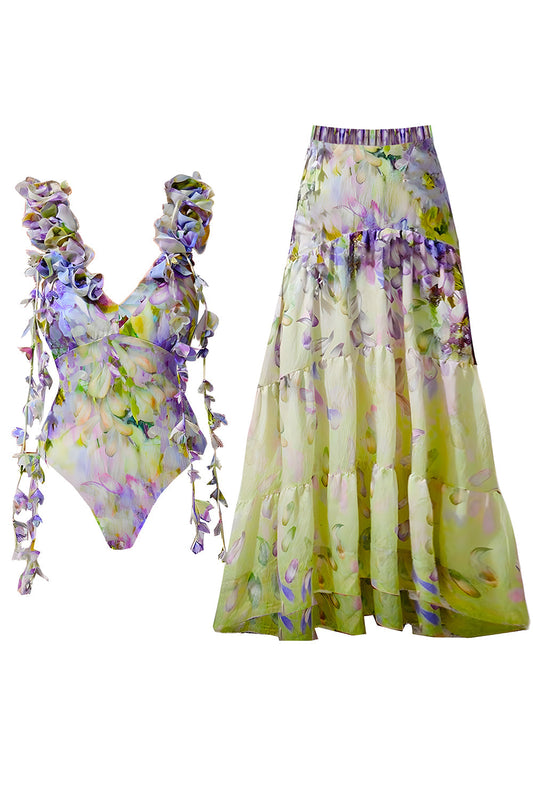 Conjunto de traje de baño de 2 piezas con estampado floral verde, cuello en V, volantes y vestido de playa