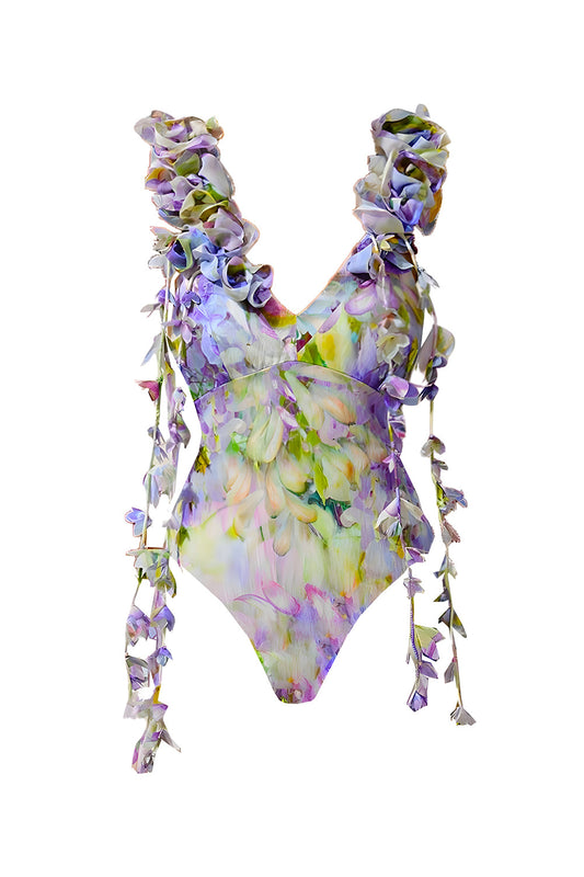Conjunto de traje de baño de 2 piezas con estampado floral verde, cuello en V, volantes y vestido de playa