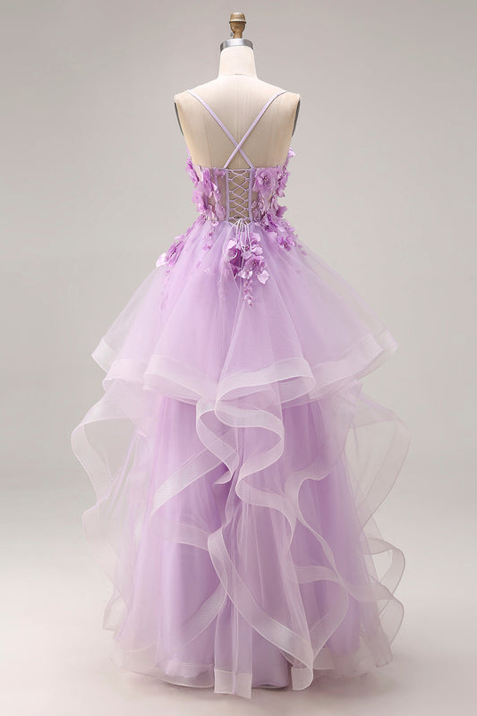 Robe de bal longue en organza lilas, bustier en cœur, ligne A, dos lacé, avec appliques