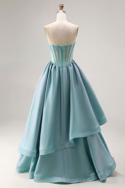 Turquoise Beaded Corset Strapless A-Line Long Satin Prom Dress