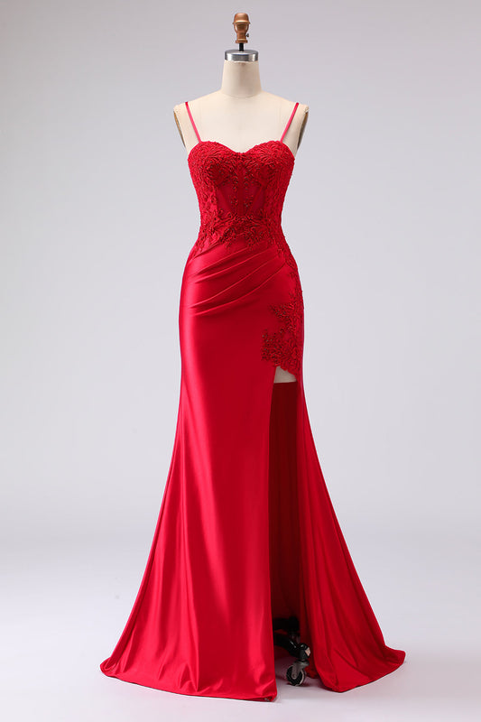 Red Satin Mermaid Embroidered Lace Up Back Long Prom Dress with Slit