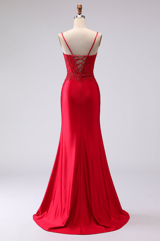 Red Satin Mermaid Embroidered Lace Up Back Long Prom Dress with Slit