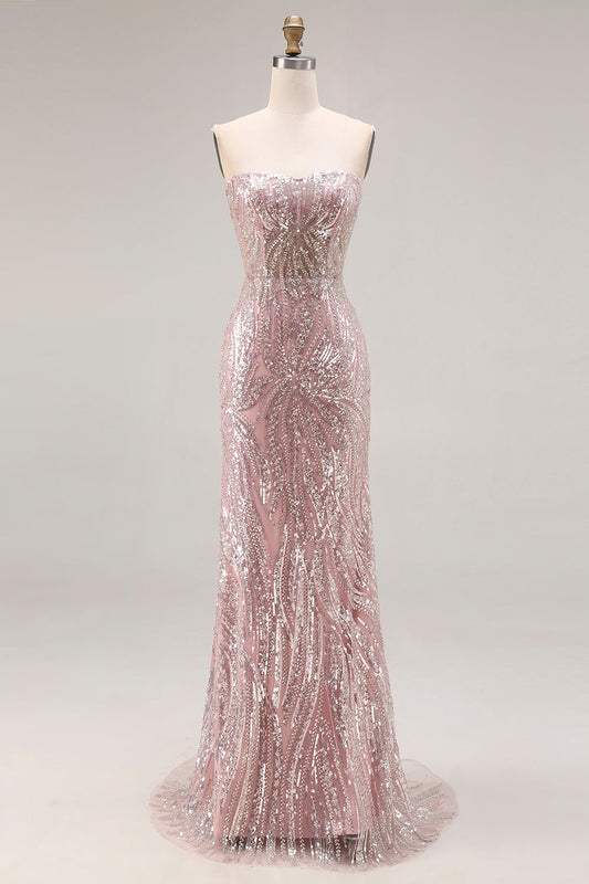 Sparkly Light Pink Strapless Sheath Long Prom Dress with Sequins