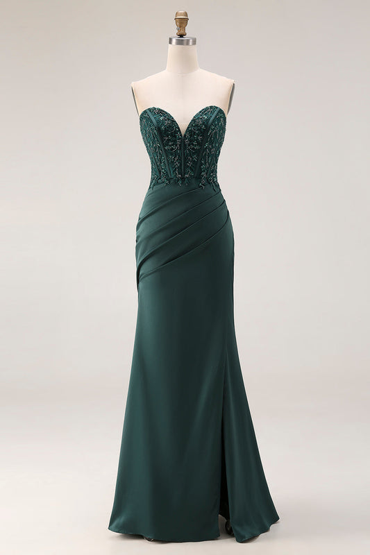 Robe de bal bustier sirène vert foncé avec corsage appliqué, fronces et fente