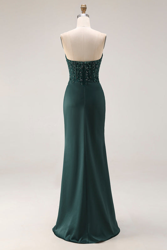 Robe de bal bustier sirène vert foncé avec corsage appliqué, fronces et fente
