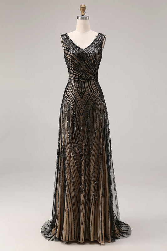 Robe de bal longue scintillante noire, fourreau, col en V, perles et sequins