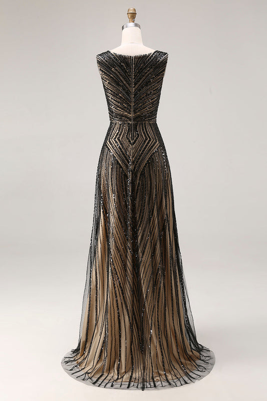 Robe de bal longue scintillante noire, fourreau, col en V, perles et sequins