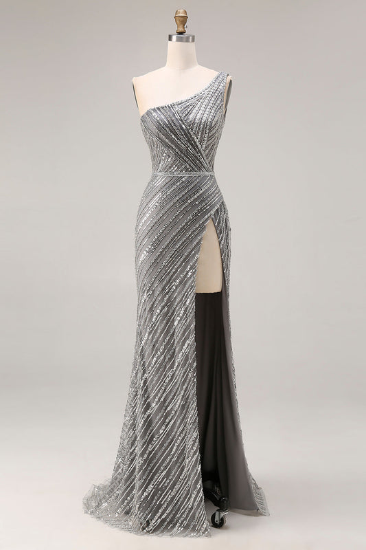 Robe de bal longue sirène à paillettes argentées scintillantes, une épaule, avec fente